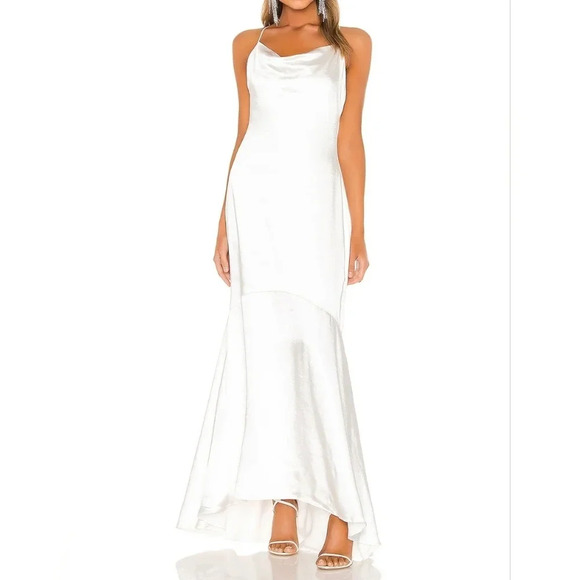NWT ELLIATT Aisle dress in white satin cowl neckline with low back button accent - Picture 6 of 10
